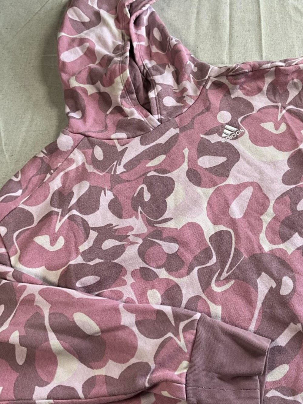 Girls Adidas Pink All Over Print Camo Loose Fit Athletic Pullover Hoodie (L, 14)